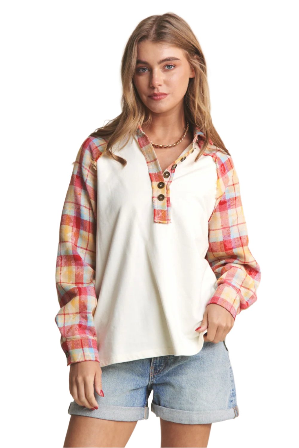 J.NNA Plaid Contrast Button Down Henley Top - T - 1 COLOR -