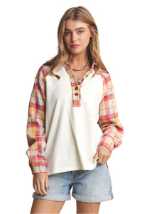 Thumbnail for J.NNA Plaid Contrast Button Down Henley Top - T - 1 COLOR -