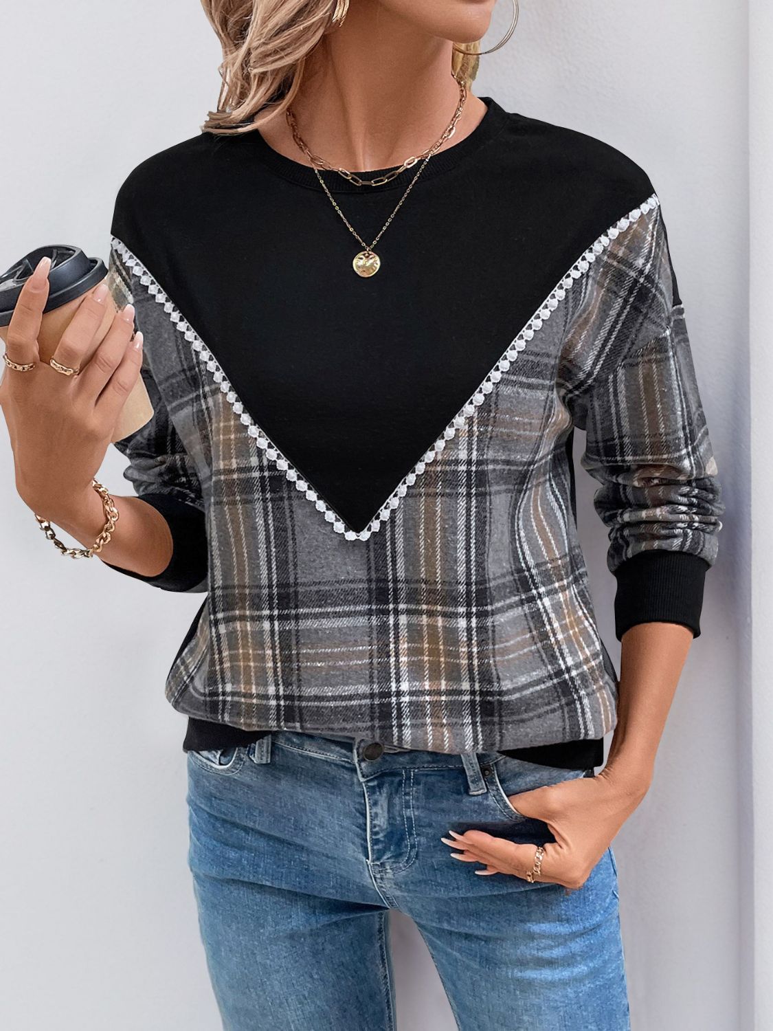 Perfee Plaid Round Neck Long Sleeve Sweatshirt - T - 1 COLOR -