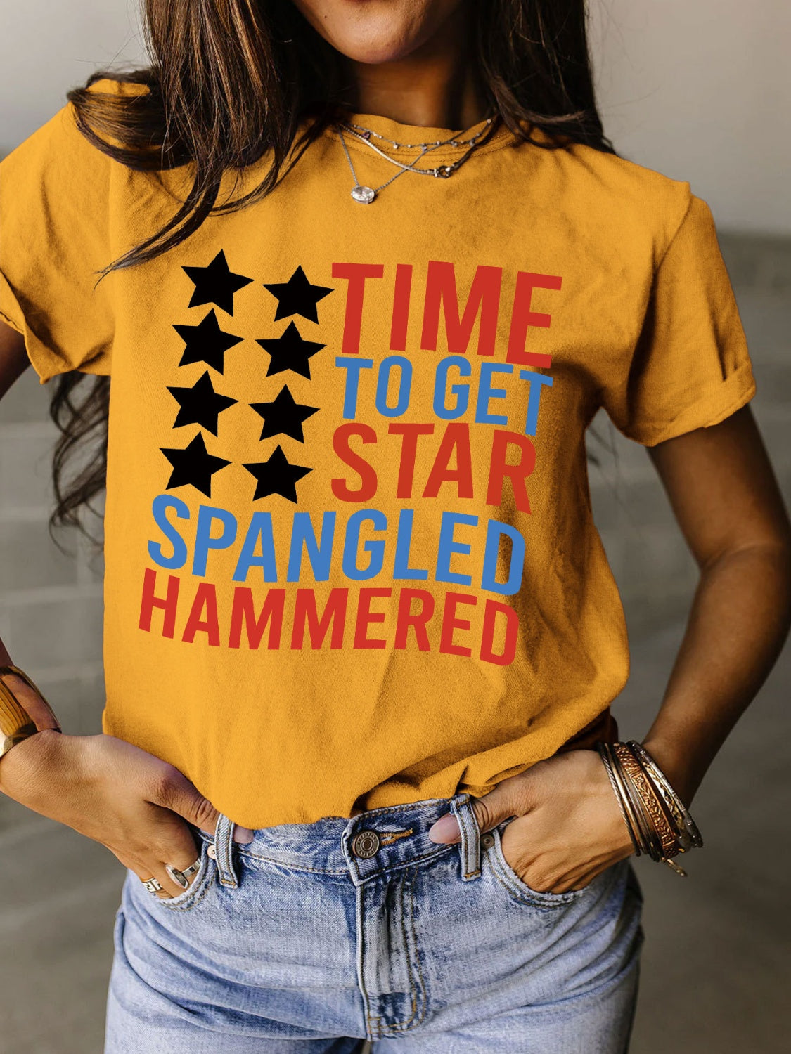 Full Size - 'Time to get Star Spangle Hammered' Letter Graphic Round Neck Short Sleeve T-Shirt - T - 12 COLORS -