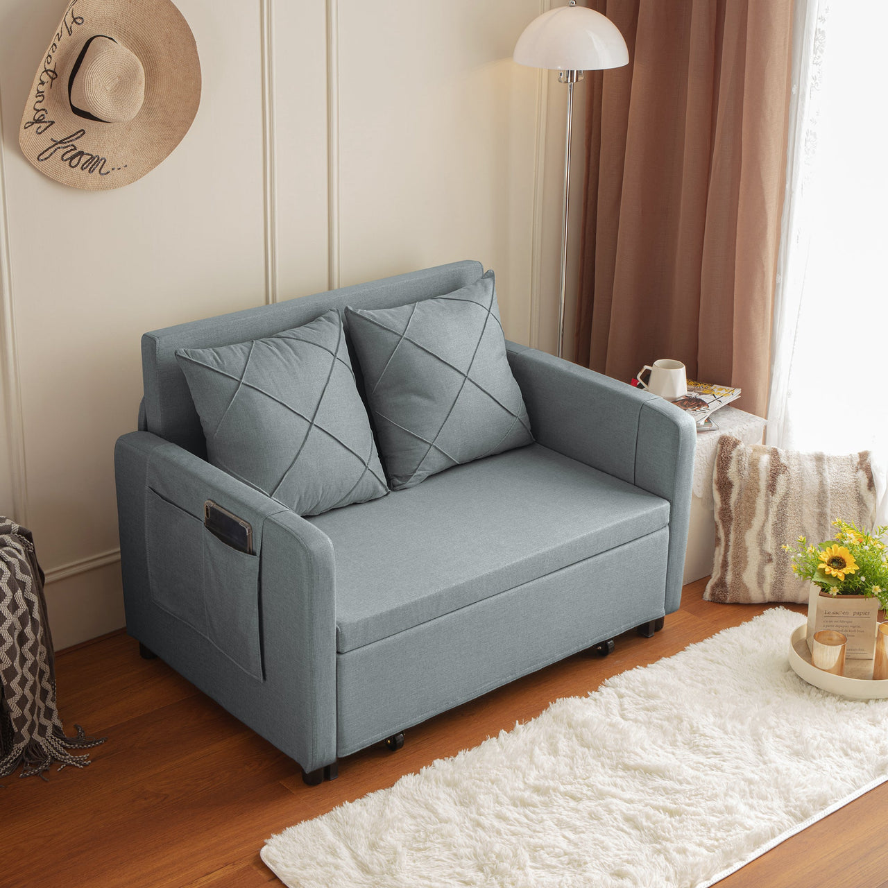 Modern Love Seat Futon Sofa Bed With Headboard,Linen Love Seat Couch,Pull Out Sofa Bed With 2 Pillows & 2 Sides Pockets