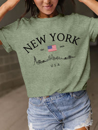 Thumbnail for New York Skyline Letter Graphic Round Neck Short Sleeve T-Shirt - 10 COLORS -