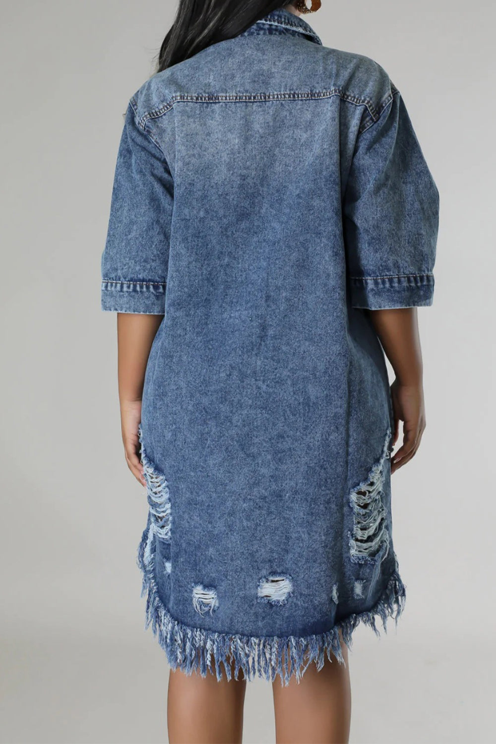 Distressed Raw Hem Button Up Denim Dress - T - LIGHT OR MEDIUM DENIM -