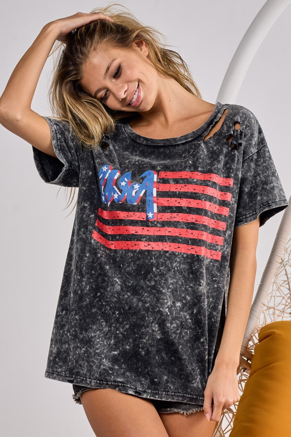 BiBi US Flag Washed Laser Cut T-Shirt - T - 1 COLOR -