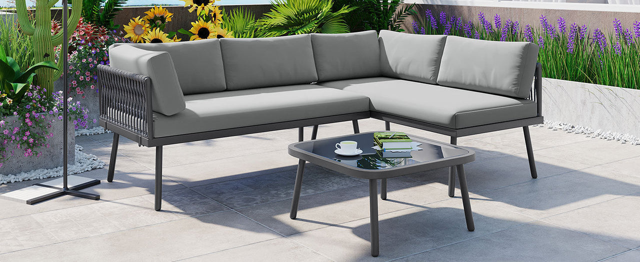 Modern Outdoor 3-Piece PE Rattan Sofa Set All Weather Patio Metal Sectional Furniture Set With Cushions and Glass Table