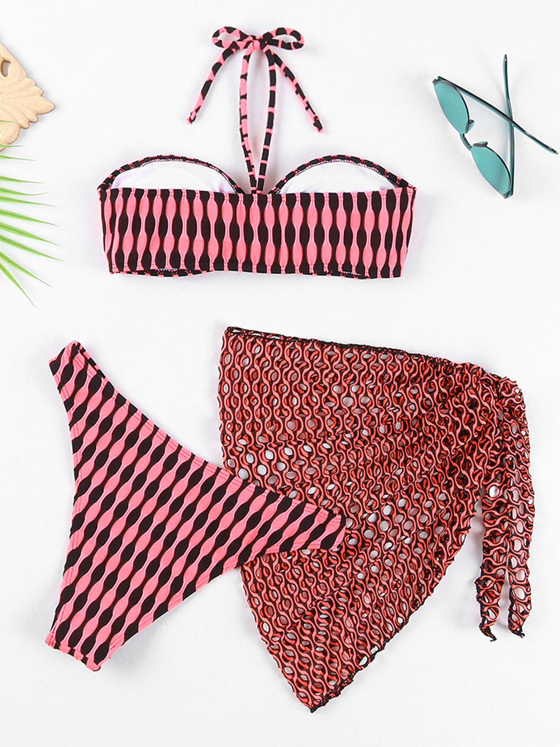 Geometric Halter Neck Three-Piece Swim set - 3 PCS. - T - 5 COLORS -