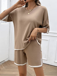 Thumbnail for Contrast Trim Round Neck Top and Shorts Set - 2 PCS. - T - 4 COLORS -