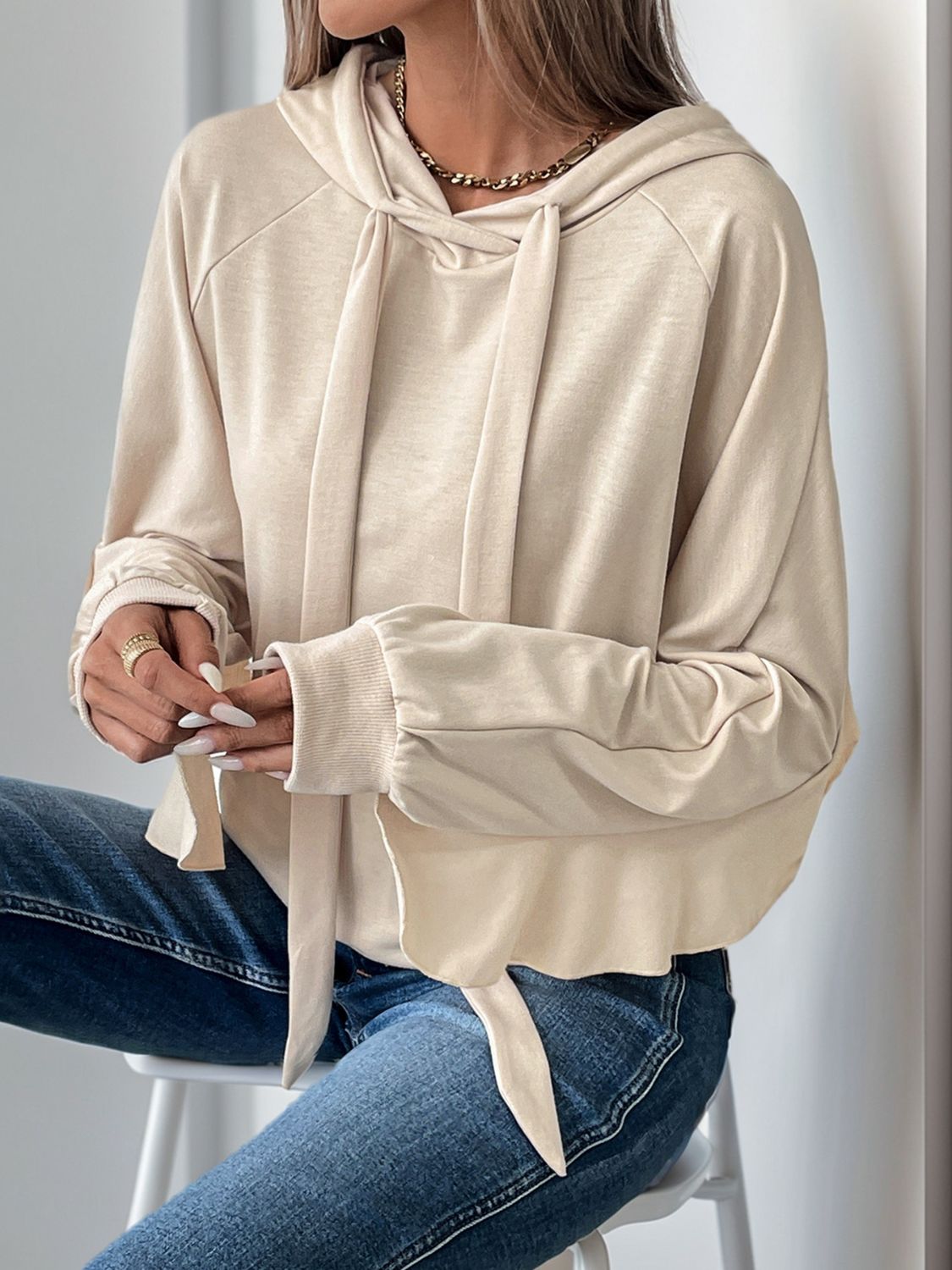 Perfee Drawstring Ruffled Long Sleeve Hoodie - T - 1 COLOR -