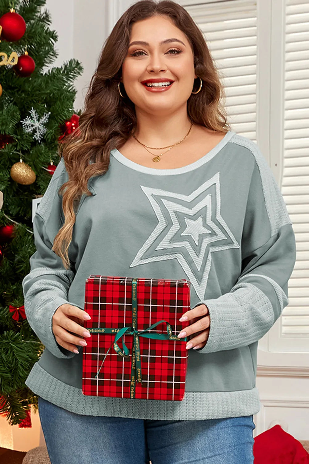 Plus Size Star Round Neck Long Sleeve Top - SIZES 1XL THRU 3XL ONLY - 1 COLOR -