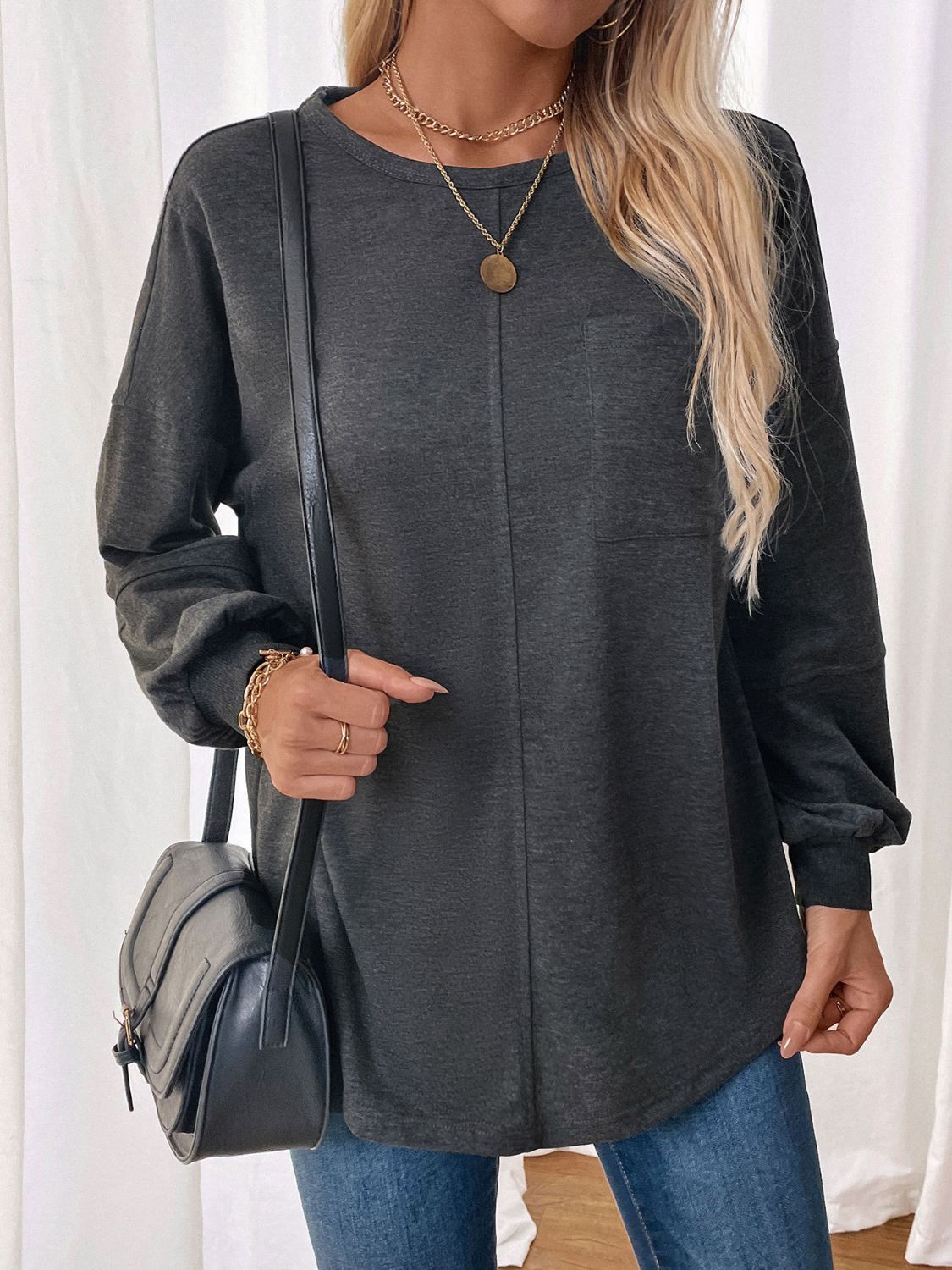 Perfee Pocketed Round Neck Long Sleeve Sweatshirt - T - 1 COLOR -