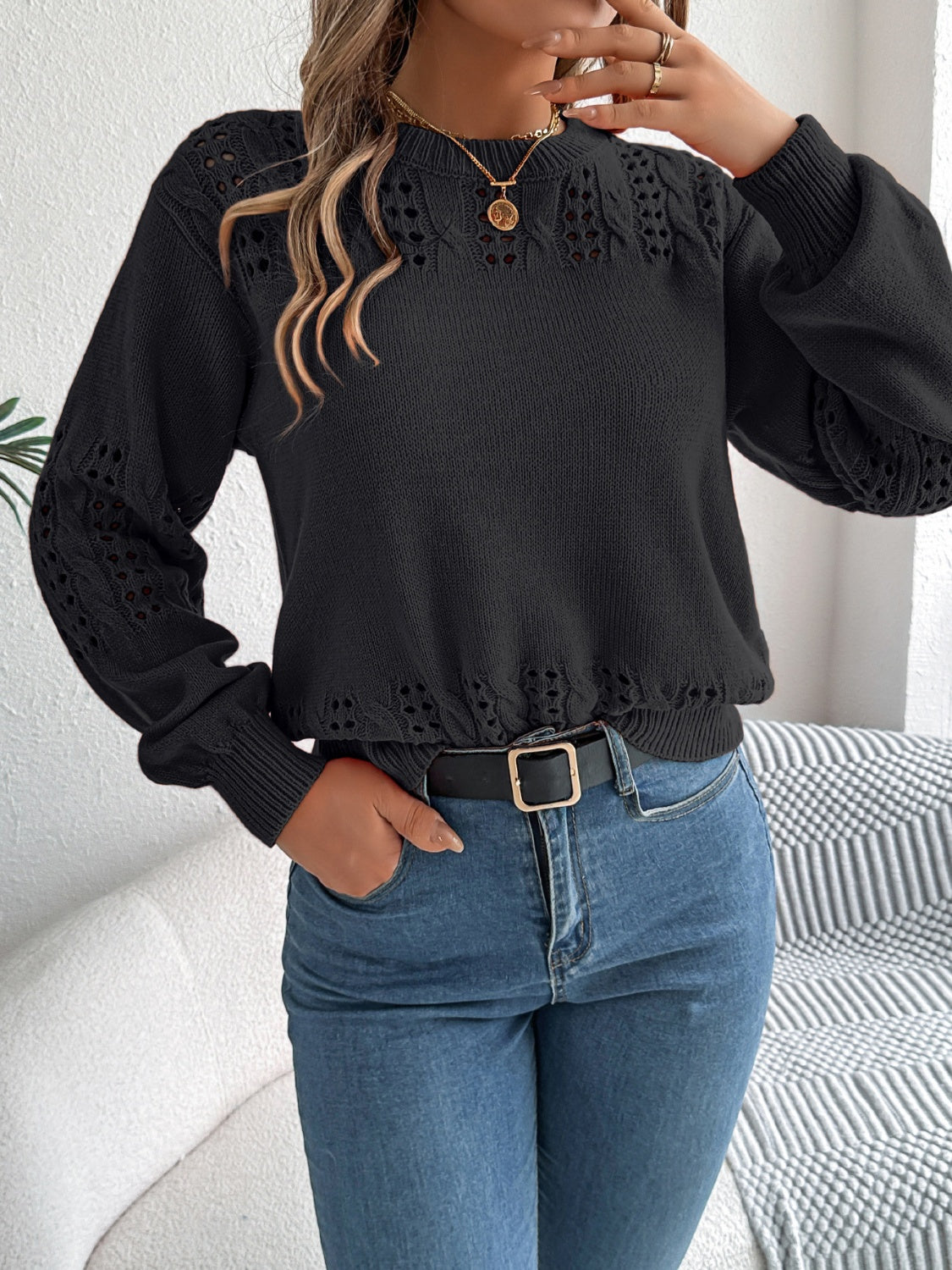 Openwork Round Neck Long Sleeve Sweater - T - 3 COLORS -