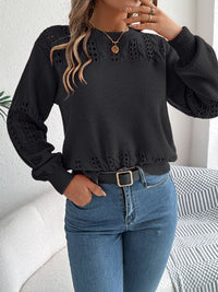 Thumbnail for Openwork Round Neck Long Sleeve Sweater - T - 3 COLORS -