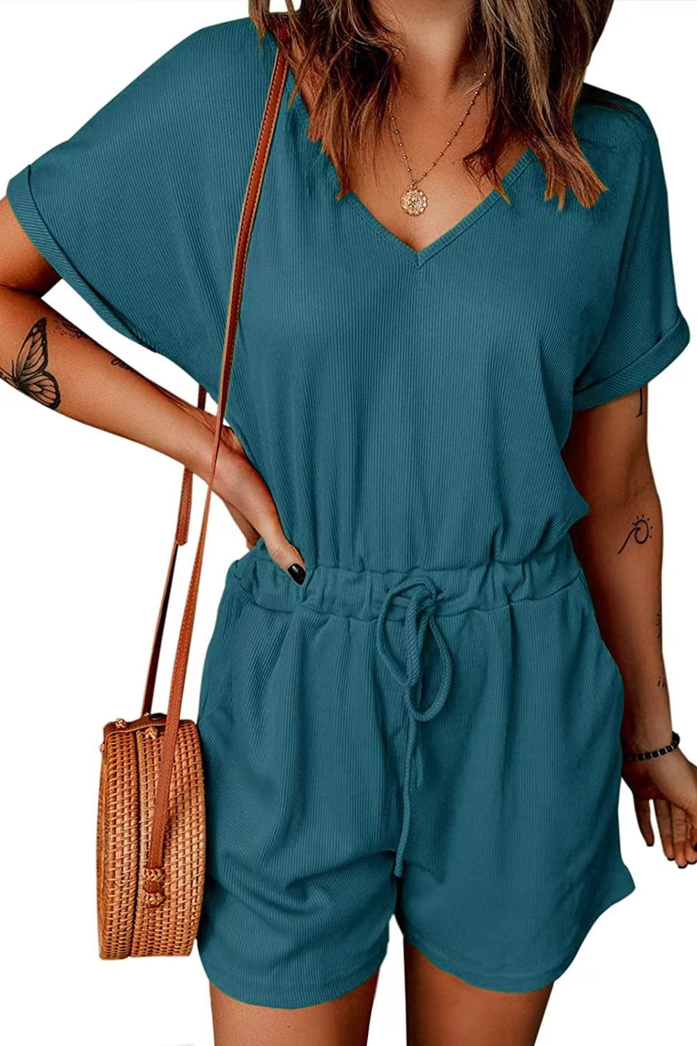 Full Size Drawstring V-Neck Short Sleeve Romper - T - 7 COLORS -