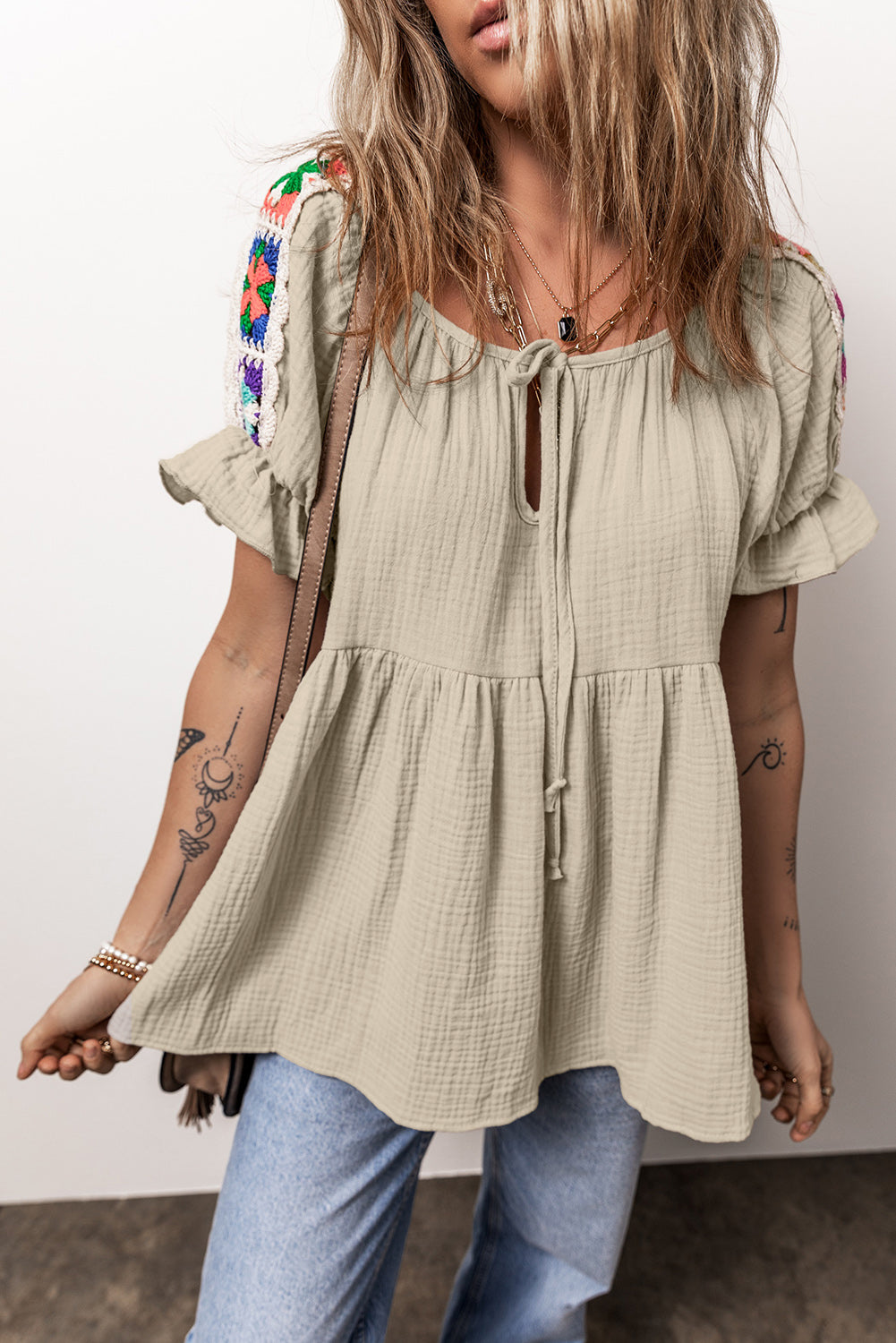 Embroidered Tie Neck Short Sleeve Blouse - K - 1 COLOR -