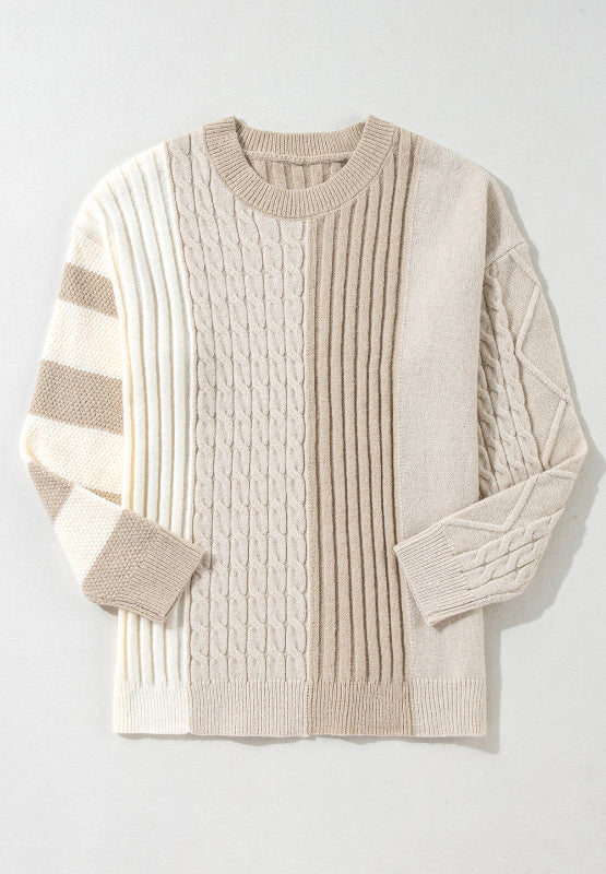 Cable-Knit Color Block Round Neck Sweater - T - 1 COLOR -