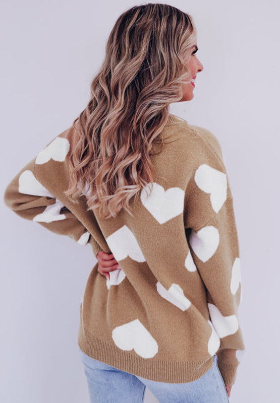 Heart Round Neck Long Sleeve Sweater - T - 1 COLOR -