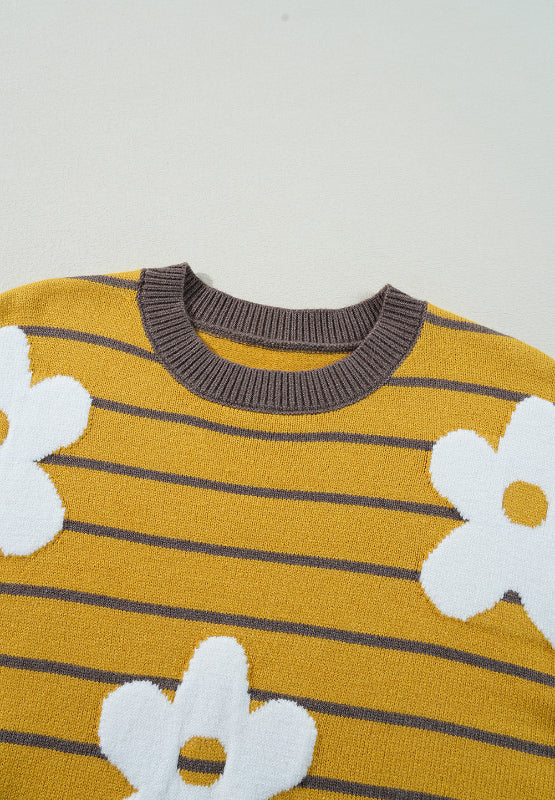 Flower Stripe Round Neck Long Sleeve Sweater - T - 1 COLOR -