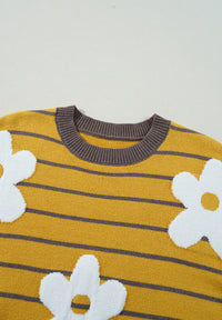 Thumbnail for Flower Stripe Round Neck Long Sleeve Sweater - T - 1 COLOR -