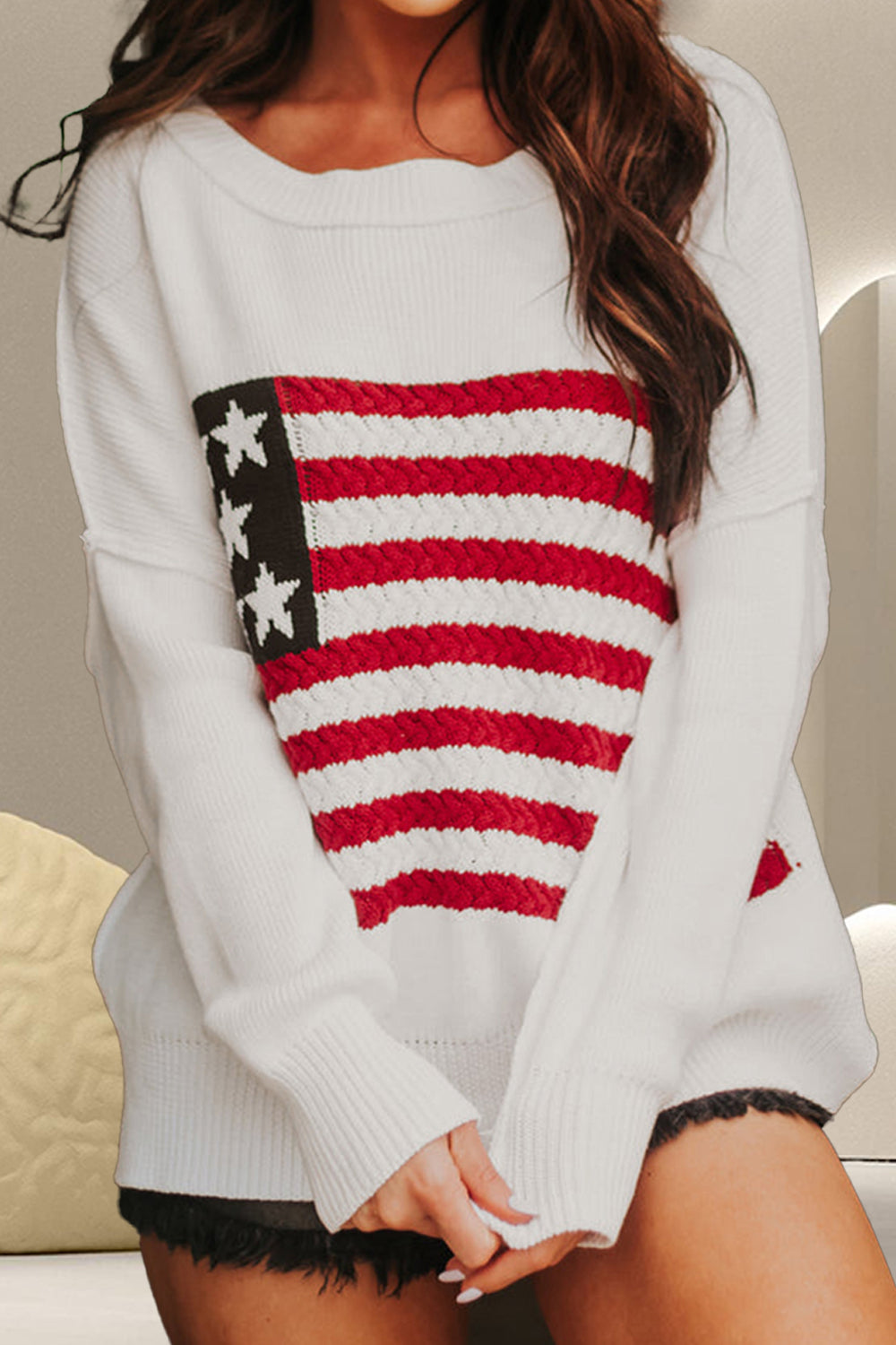 USA Flag Round Neck Long Sleeve Knit Top - Cool Nights - T - 1 COLOR -