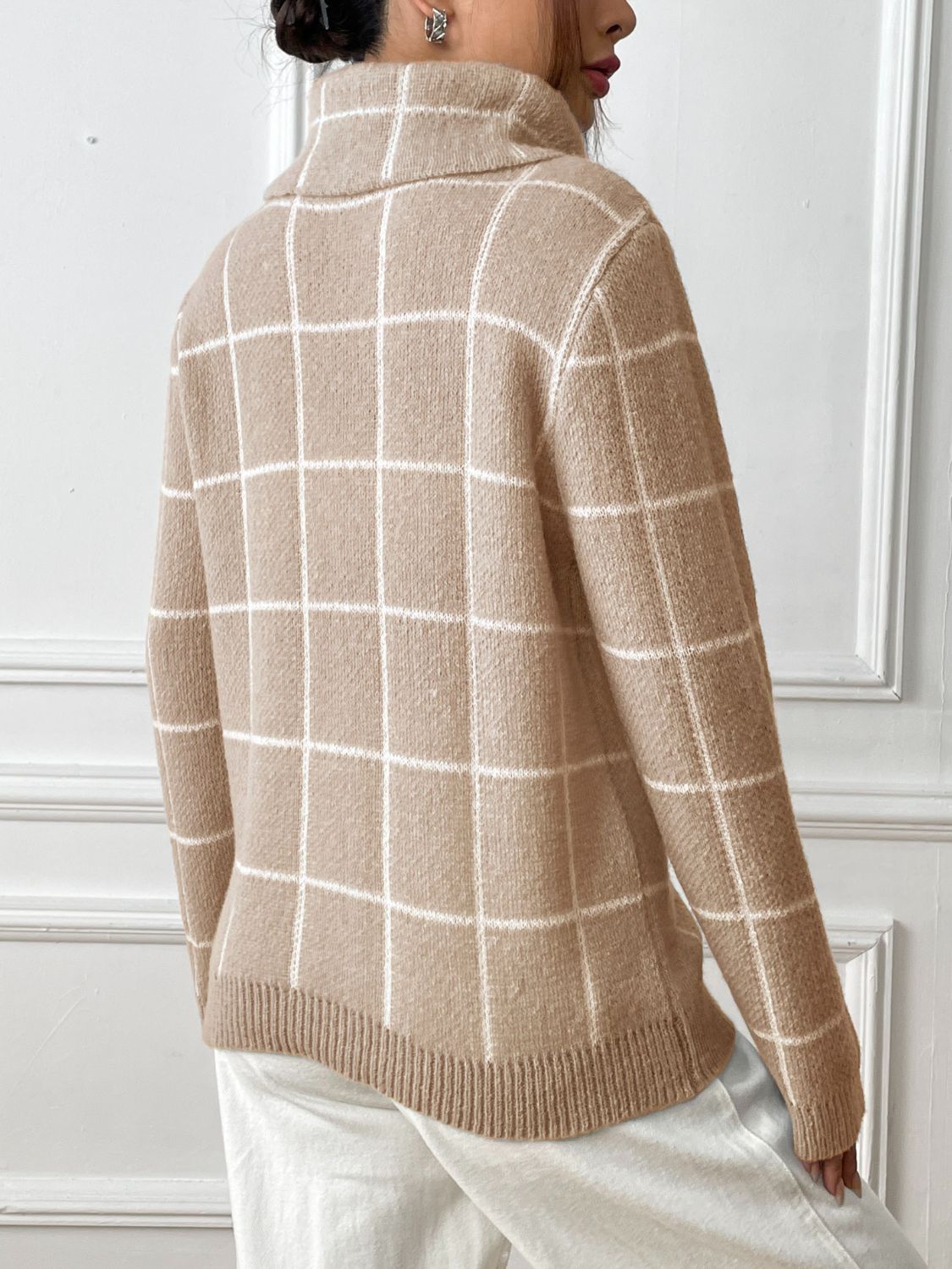 Plaid Turtleneck Long Sleeve Sweater - T - 3 COLORS -