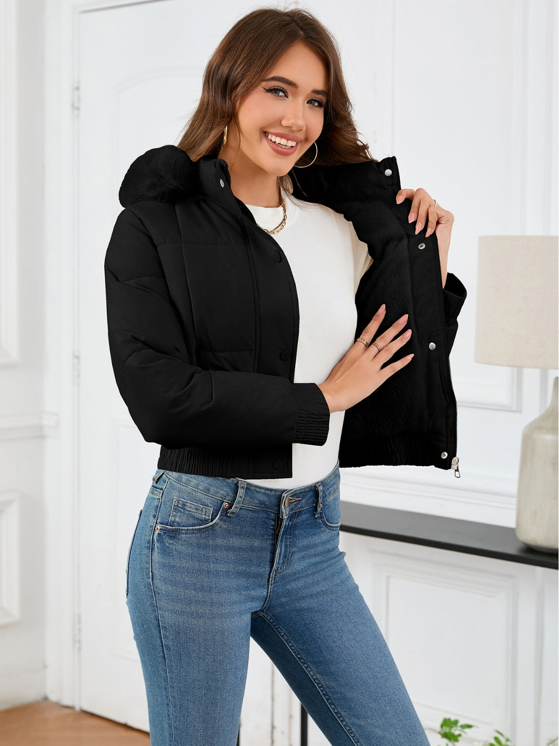 Pocketed Long Sleeve Cropped Hooded Winter Coat - T - 4 COLORS -