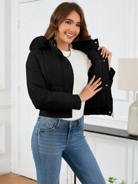 Thumbnail for Pocketed Long Sleeve Cropped Hooded Winter Coat - T - 4 COLORS -