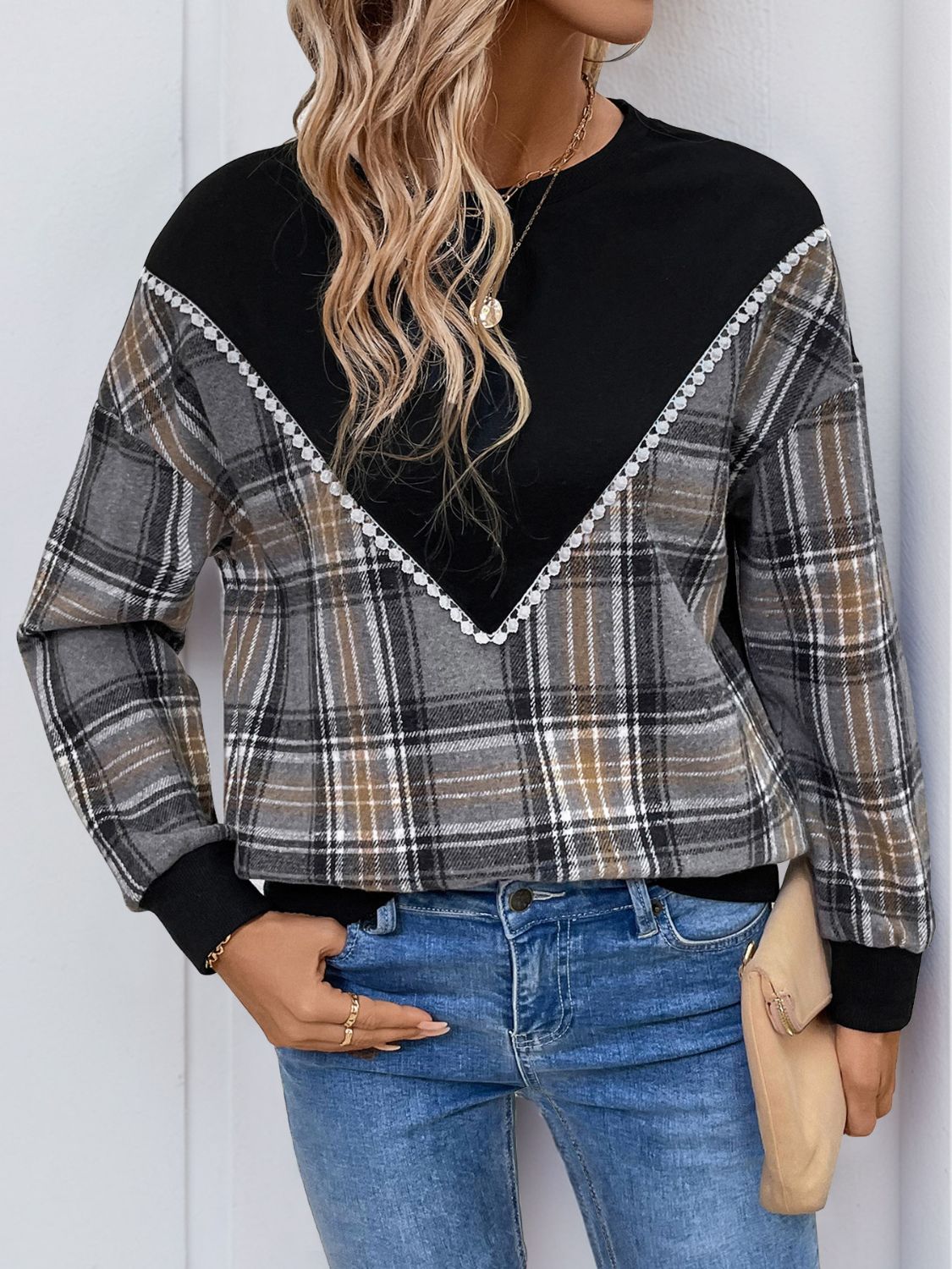 Perfee Plaid Round Neck Long Sleeve Sweatshirt - T - 1 COLOR -