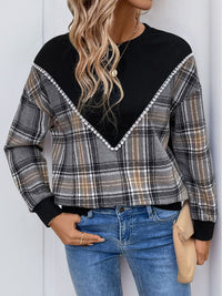 Thumbnail for Perfee Plaid Round Neck Long Sleeve Sweatshirt - T - 1 COLOR -