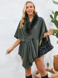 Thumbnail for Fuzzy Trim Open Front Poncho - ONE SIZE - T - 6 COLORS -