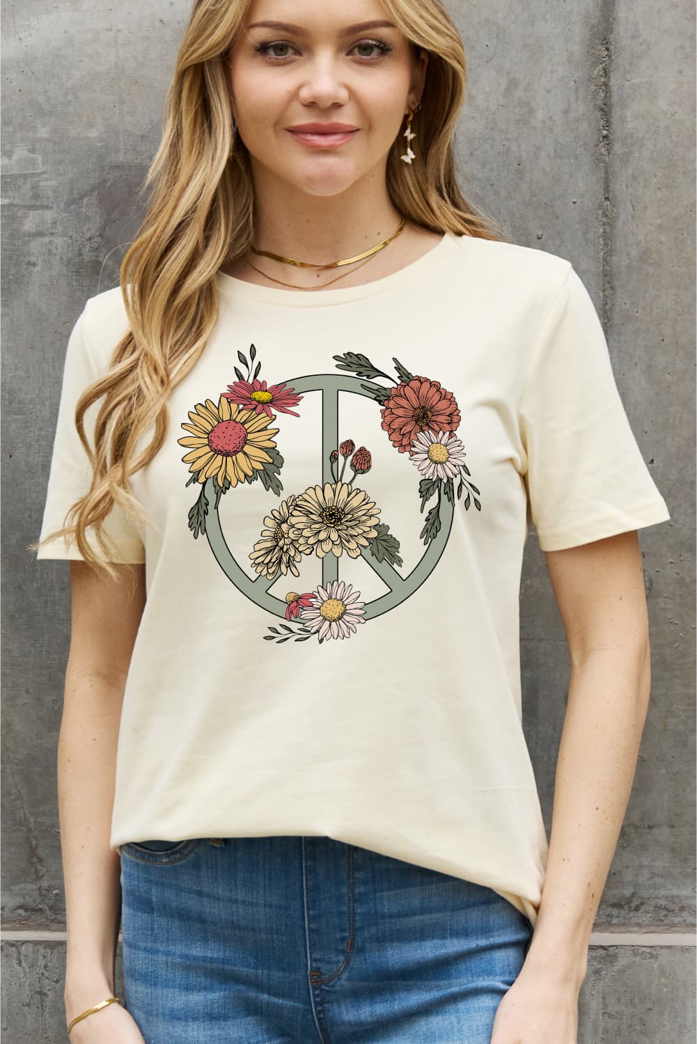 Simply Love Full Size Flower Peace sign Graphic Cotton Tee - T - 2 COLORS -