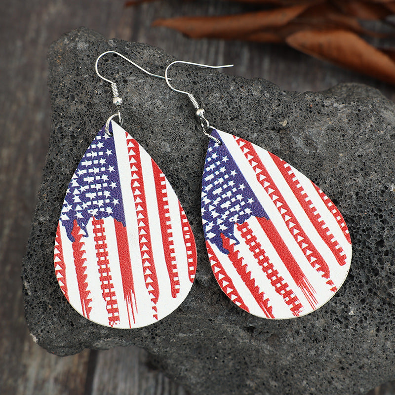 PU Leather US Flag Teardrop Shape Earrings - T -