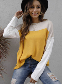 Thumbnail for Color Block Round Neck Sweater - T - 3 COLORS -