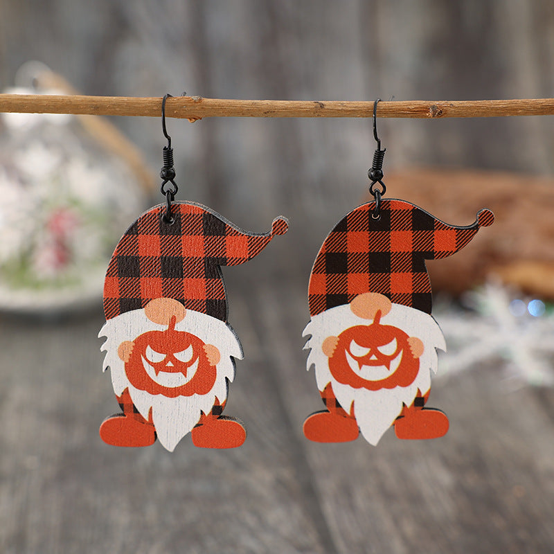 Wooden Gnome Pumpkin Dangle Earrings - T - 1 COLOR -