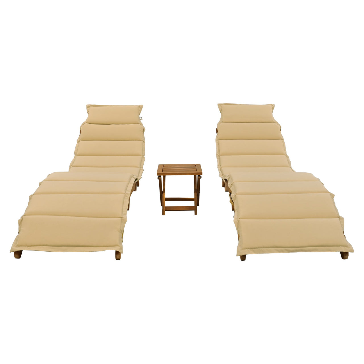 Outdoor Patio Wood Portable Extended Chaise Lounge Set With Foldable Tea Table for Balcony, Poolside, Garden, Brown