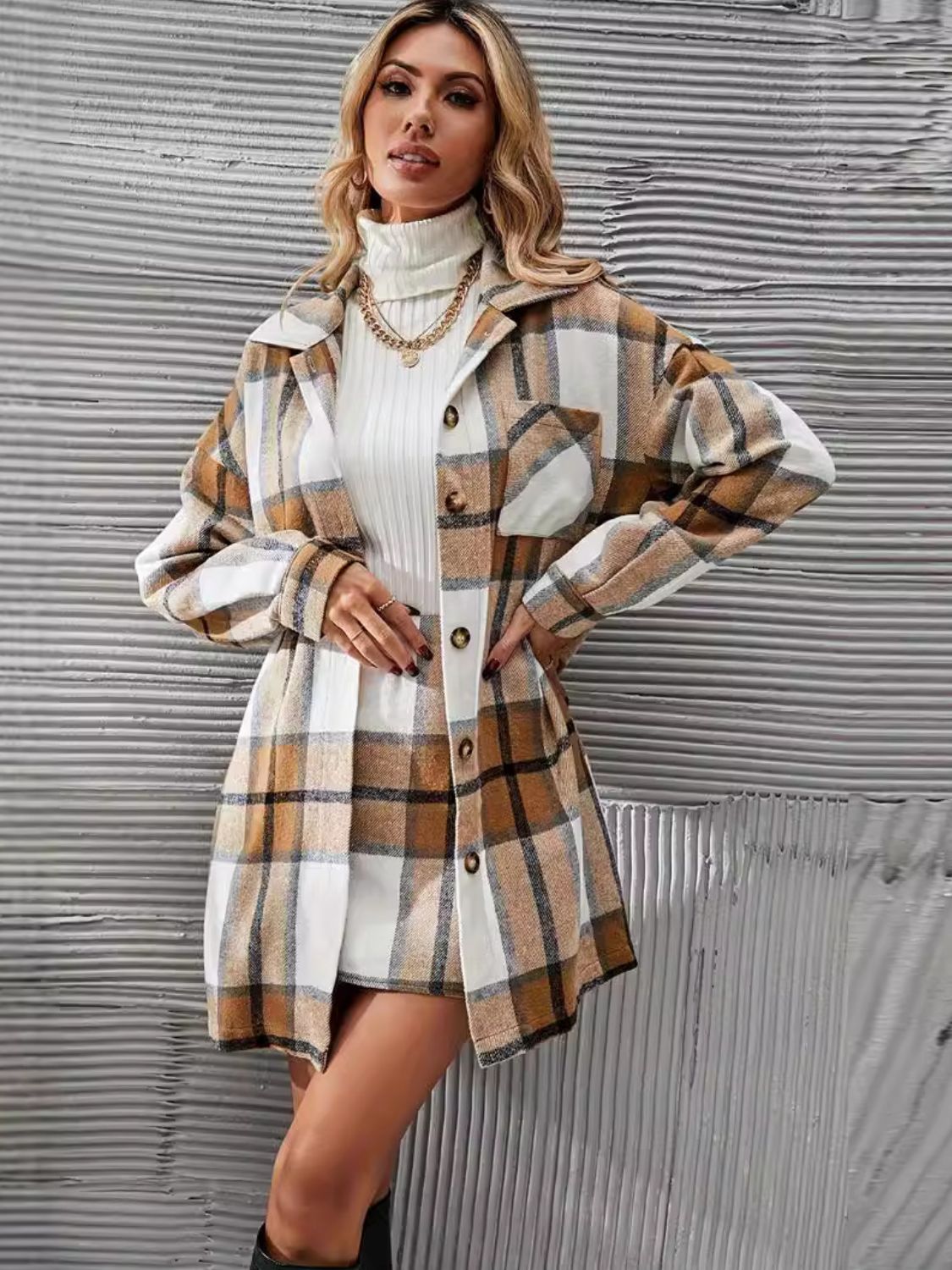 Plaid Button Up Long Sleeve Coat and Skirt Set - 2 PCS. - T - 1 COLOR -