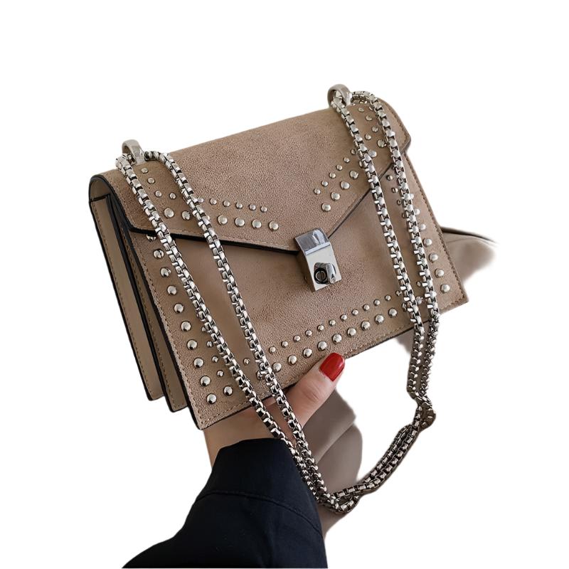 Scrub Leather Chain Rivet Lock Shoulder Bag - 4 COLORS -