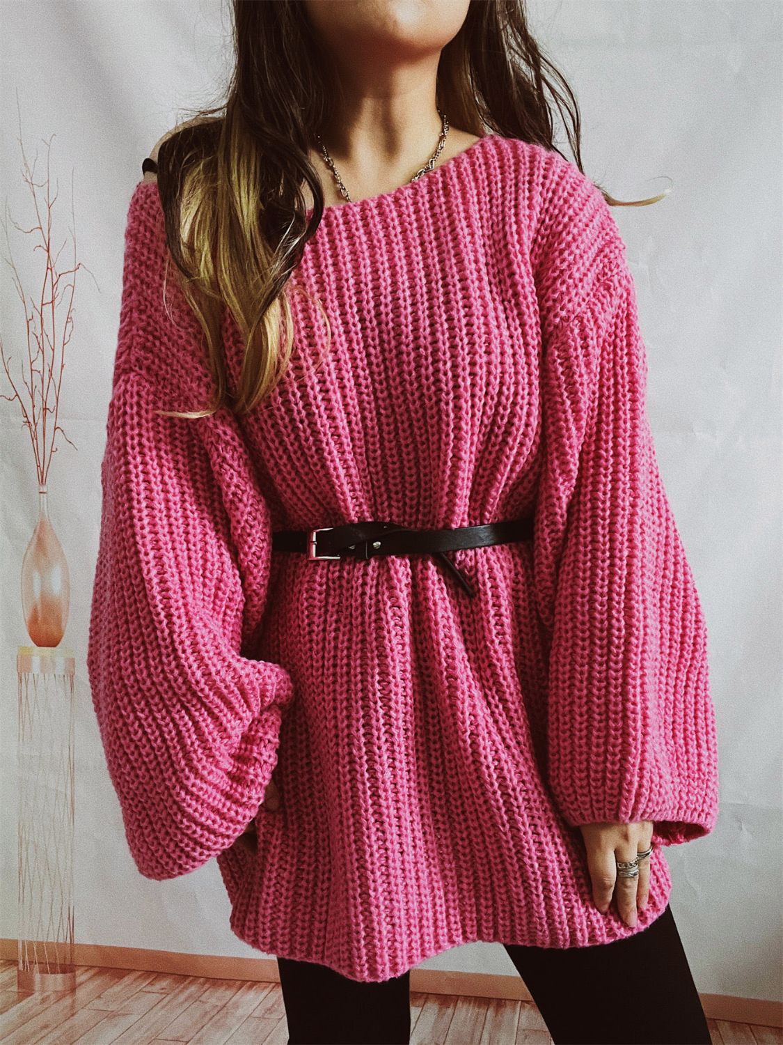 Boat Neck Long Sleeve Sweater with Belt - 2 PCS. - 1 LARGE OVERSIZE - T - 5 COLORS -