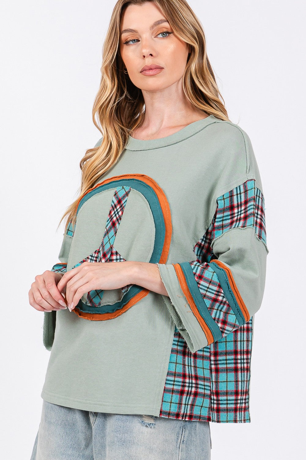 SAGE + FIG Peace Applique Patch Contrast Plaid Top - T - 1 COLOR -