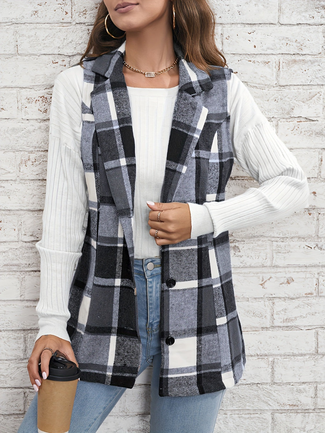 Plaid Button Down Vest Jacket - T - 1 COLOR -