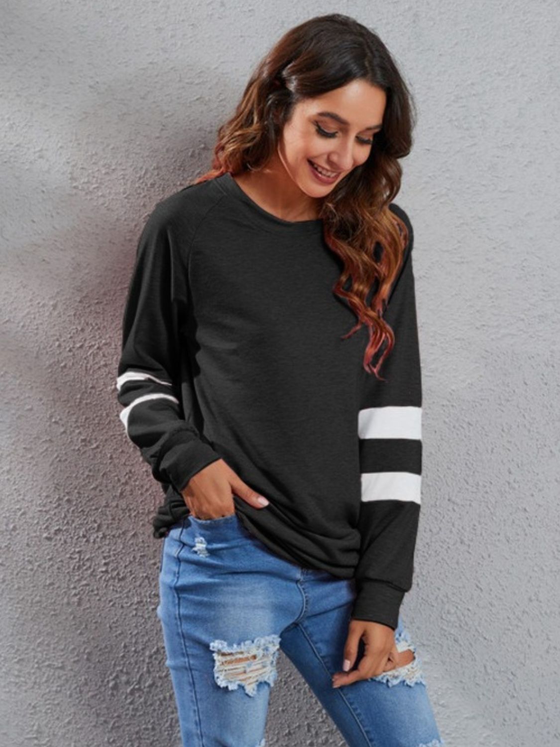 Full Size Striped Round Neck Long Sleeve T-Shirt - T - 1 COLOR -