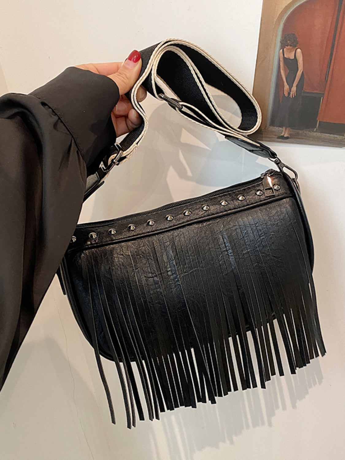 Faux Leather Fringe Studded Crossbody Bag - T - 3 COLORS -