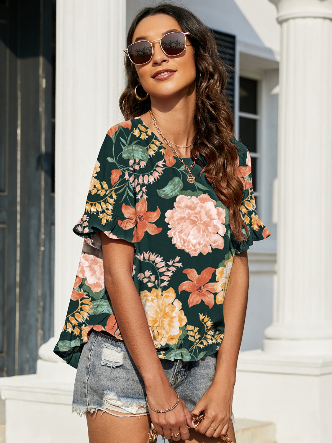 Double Take Floral Ruffled Short Sleeve Blouse - T - 1 COLOR -