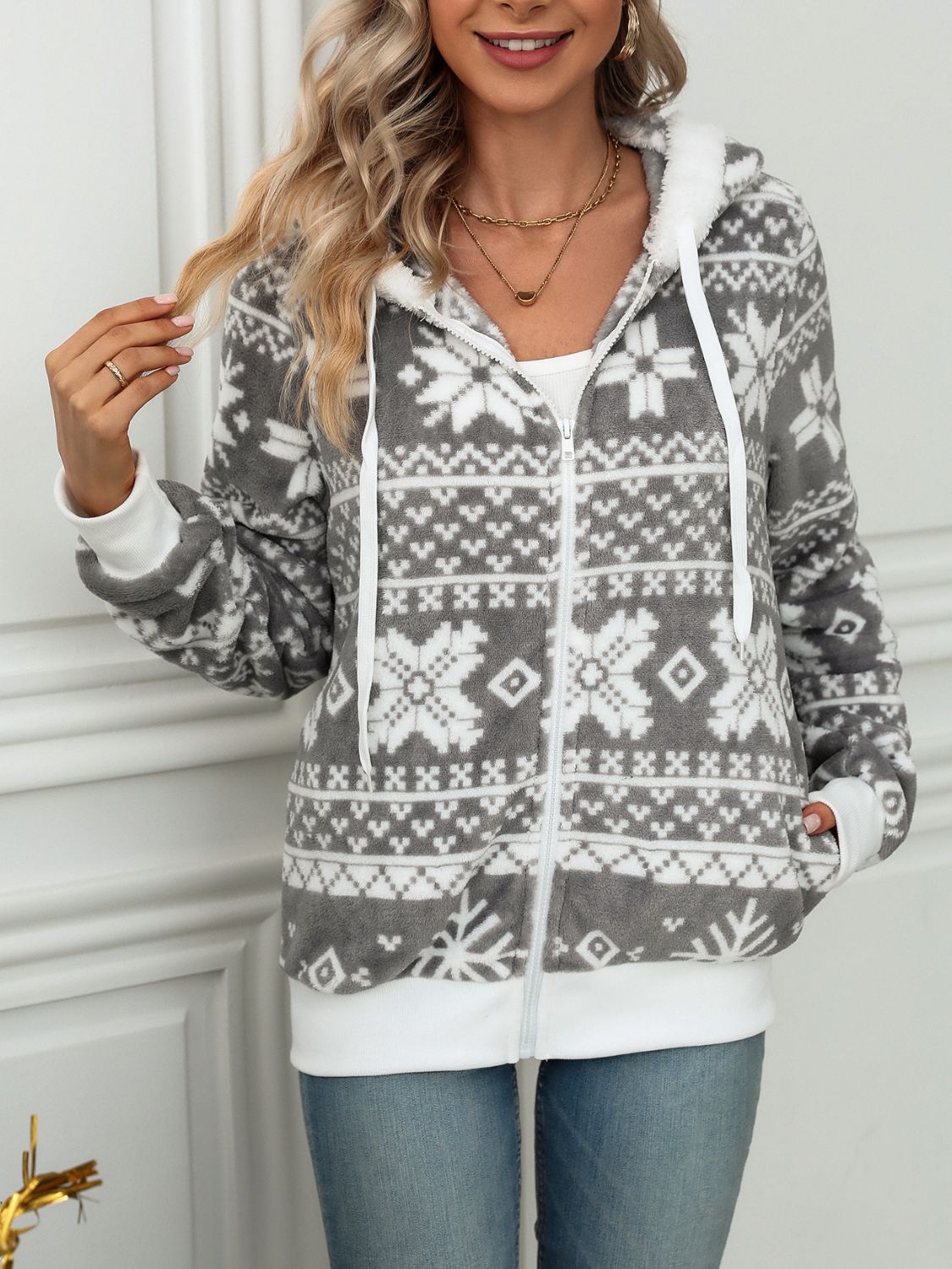 Drawstring Snowflake Zip Up Hooded Outerwear - T - 1 COLOR -