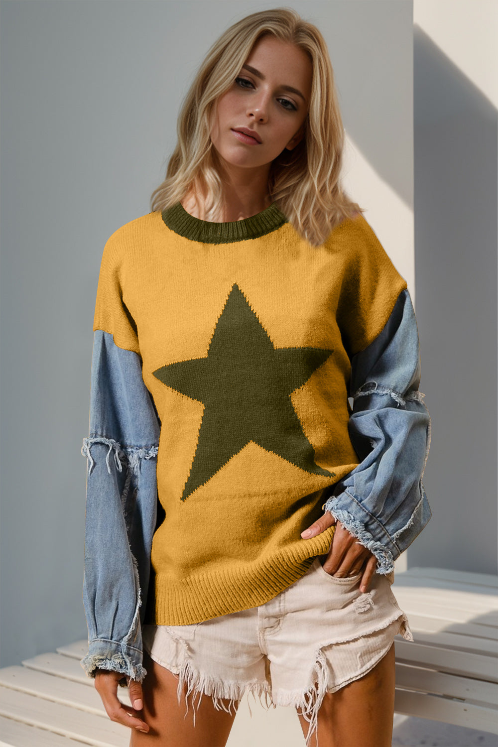 Double Take Star Pattern Raw Edge Long Sleeve Sweater - T - 10 COLORS -