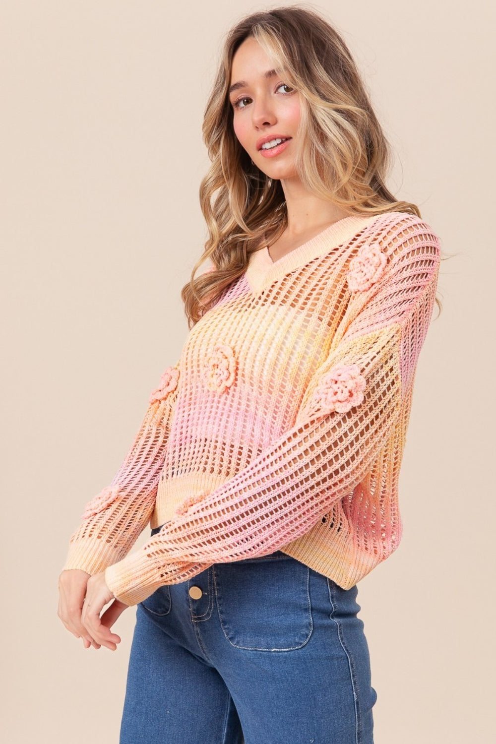 BiBi Ombre Crochet Flower Knit Top - T - 1 COLOR -