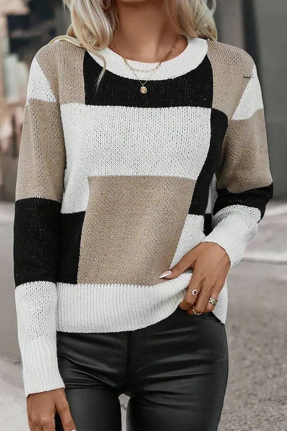 Color Block Round Neck Long Sleeve Sweater - T - 1 COLOR -