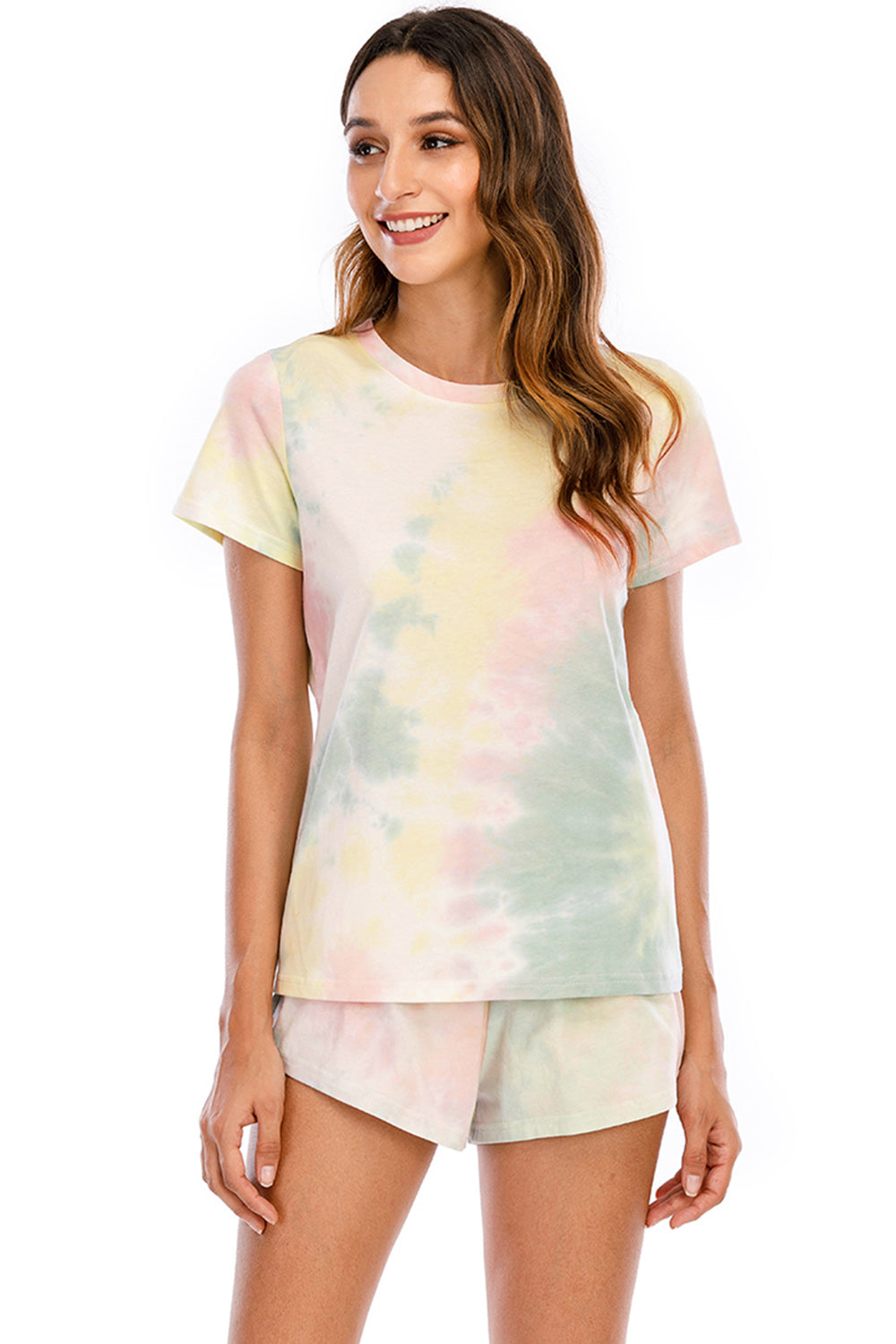 Tie-Dye Round Neck Short Sleeve Top and Shorts Lounge Set - 2 PCS. - T - 7 COLORS -