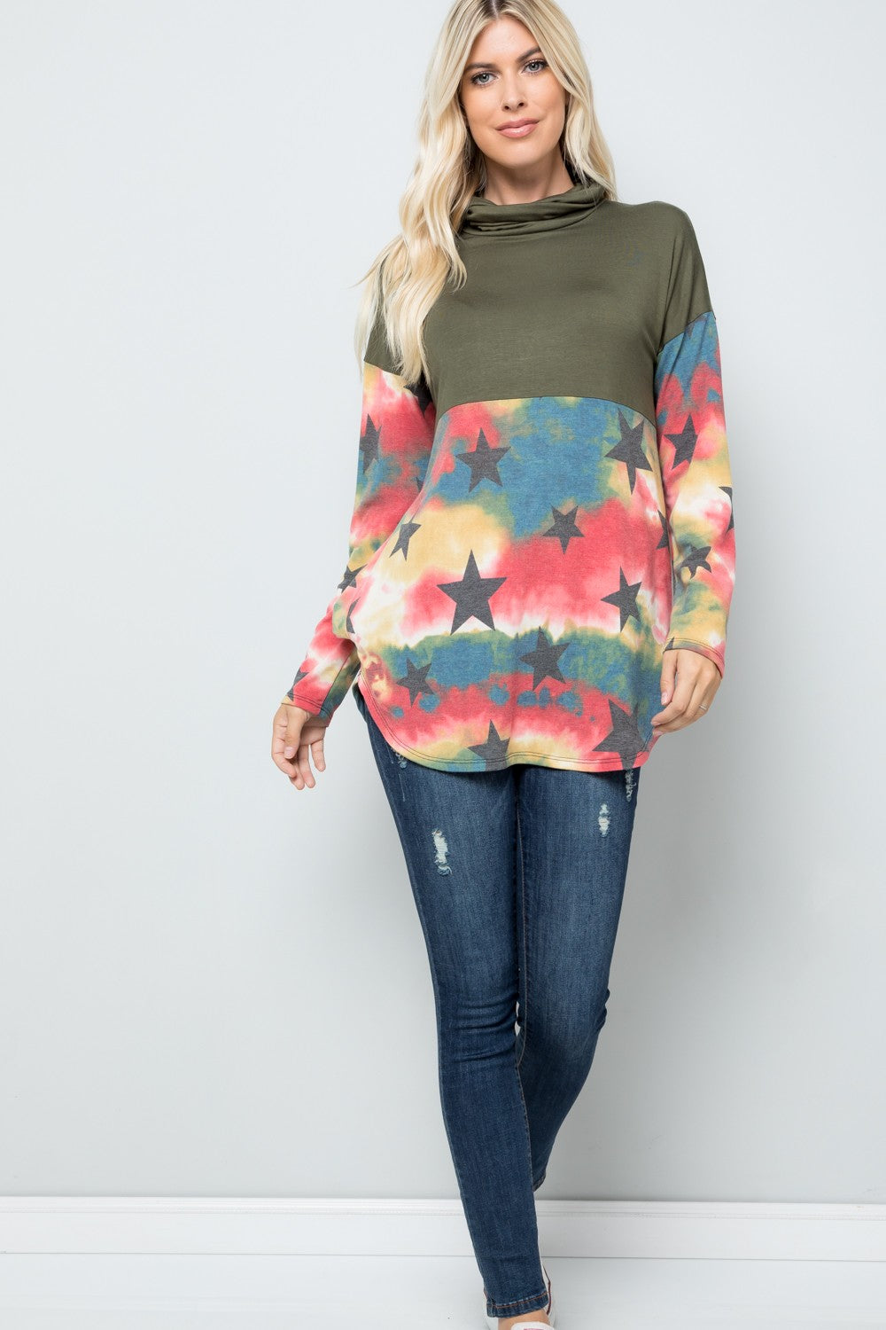 Celeste Tie-Dye Star Print Long Sleeve Blouse - T - 1 COLOR -