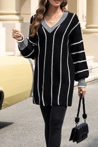 Thumbnail for Striped V-Neck Long Sleeve Sweater - T - 1 COLOR -