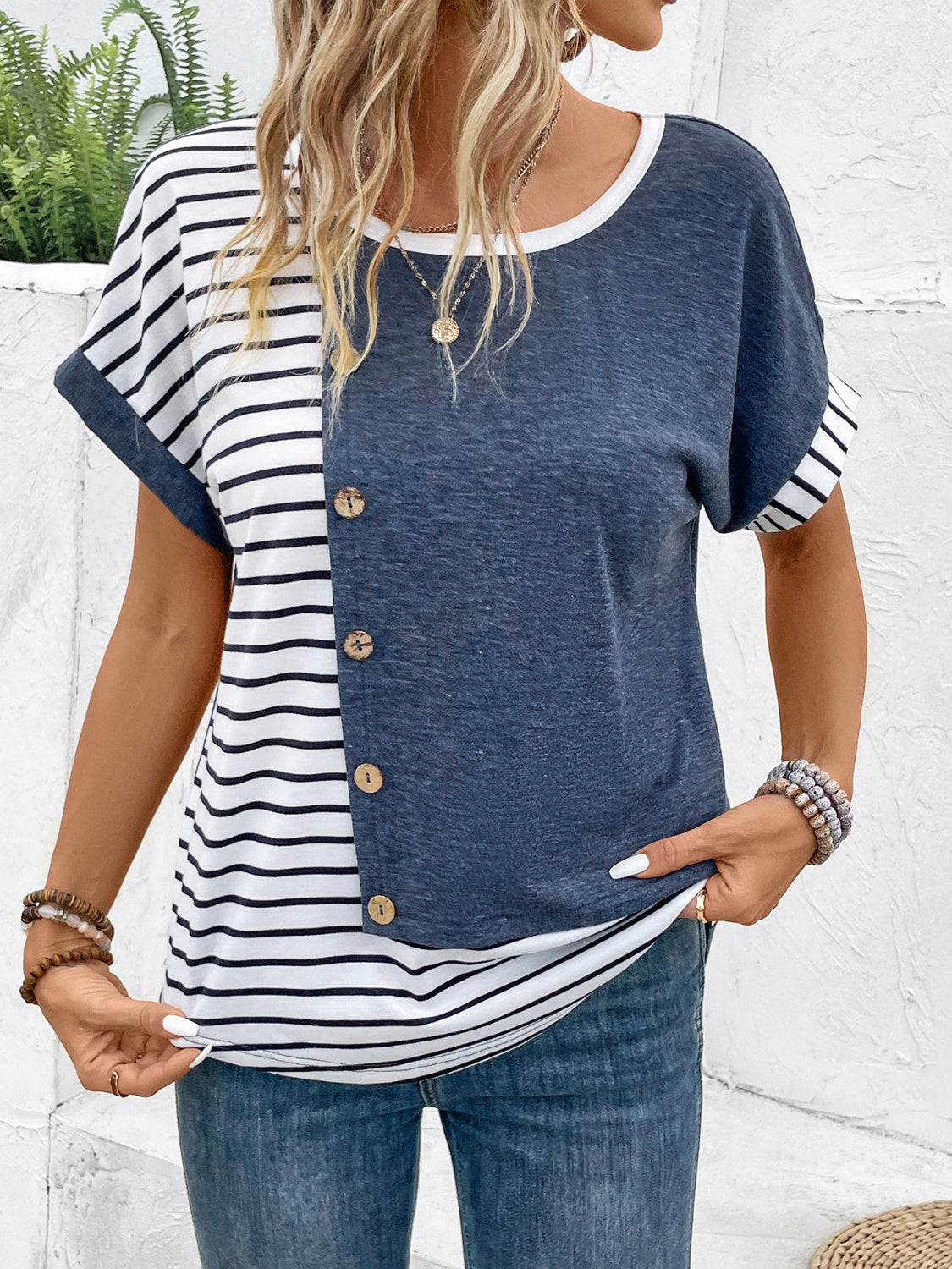 Decorative Button Striped Round Neck Short Sleeve Top - T - 1 COLOR -